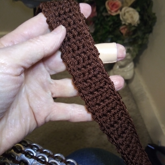 Boho One-Of-A-Kind Handmade Silver Soda Tab Trimmed Brown Crocheted Shoulder Bag - Picture 6 of 12